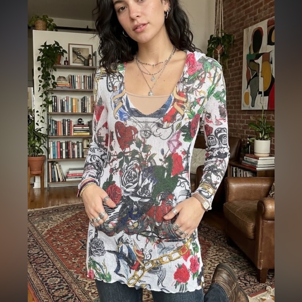 Ed Hardy White Multicolor Floral Graphic Scoop-Neck Tunic Sweater